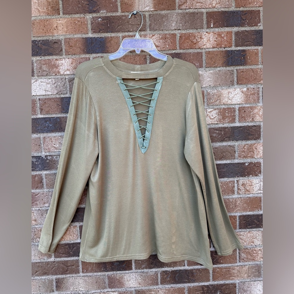 Entro Sage Lace-Up Long Sleeve Top